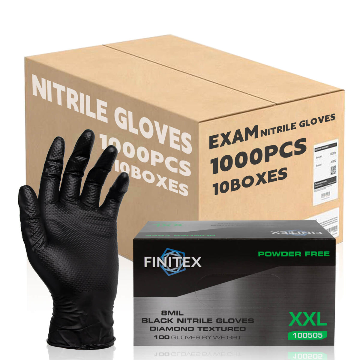 FINITEX 8 Mil black diamond grip nitrile gloves, case of 1,000