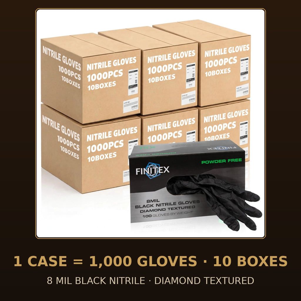 FINITEX 8 Mil black nitrile gloves with diamond texture, case of 1,000 — retail box with glove dispensing, cases stacked behind