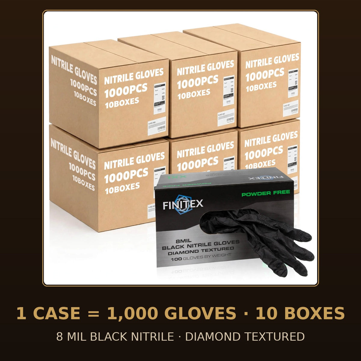 FINITEX 8 Mil black nitrile gloves with diamond texture, case of 1,000 — retail box with glove dispensing, cases stacked behind