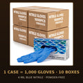 FINITEX 4 Mil blue nitrile gloves, case of 1,000 — retail box with glove dispensing, cases stacked behind
