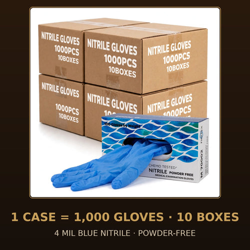 FINITEX 4 Mil blue nitrile gloves, case of 1,000 — retail box with glove dispensing, cases stacked behind