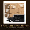 FINITEX 5 Mil black nitrile gloves, case of 1,000 — retail box with glove dispensing, cases stacked behind