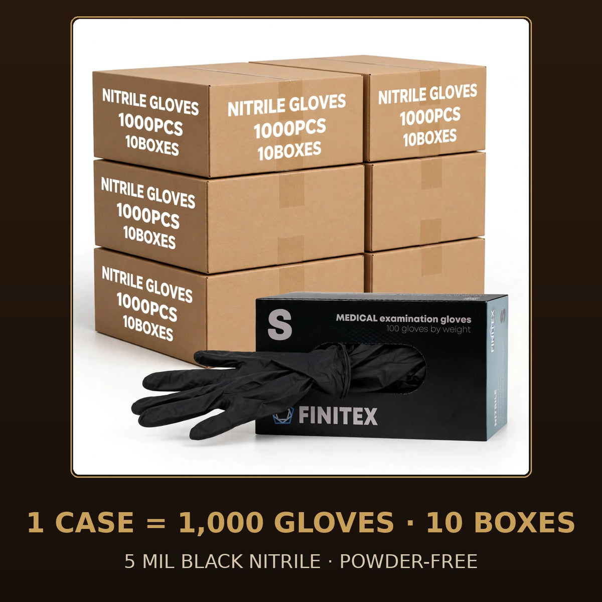 FINITEX 5 Mil black nitrile gloves, case of 1,000 — retail box with glove dispensing, cases stacked behind