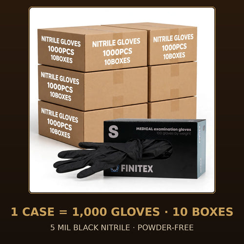 FINITEX 5 Mil black nitrile gloves, case of 1,000 — retail box with glove dispensing, cases stacked behind