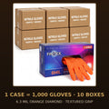 FINITEX 6.3 Mil orange diamond grip nitrile gloves, case of 1,000 — retail box with glove dispensing, cases stacked behind