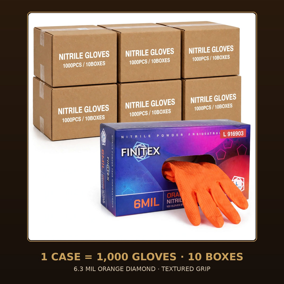 FINITEX 6.3 Mil orange diamond grip nitrile gloves, case of 1,000 — retail box with glove dispensing, cases stacked behind