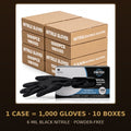 FINITEX 6 Mil black nitrile gloves, case of 1,000 — retail box with glove dispensing, cases stacked behind