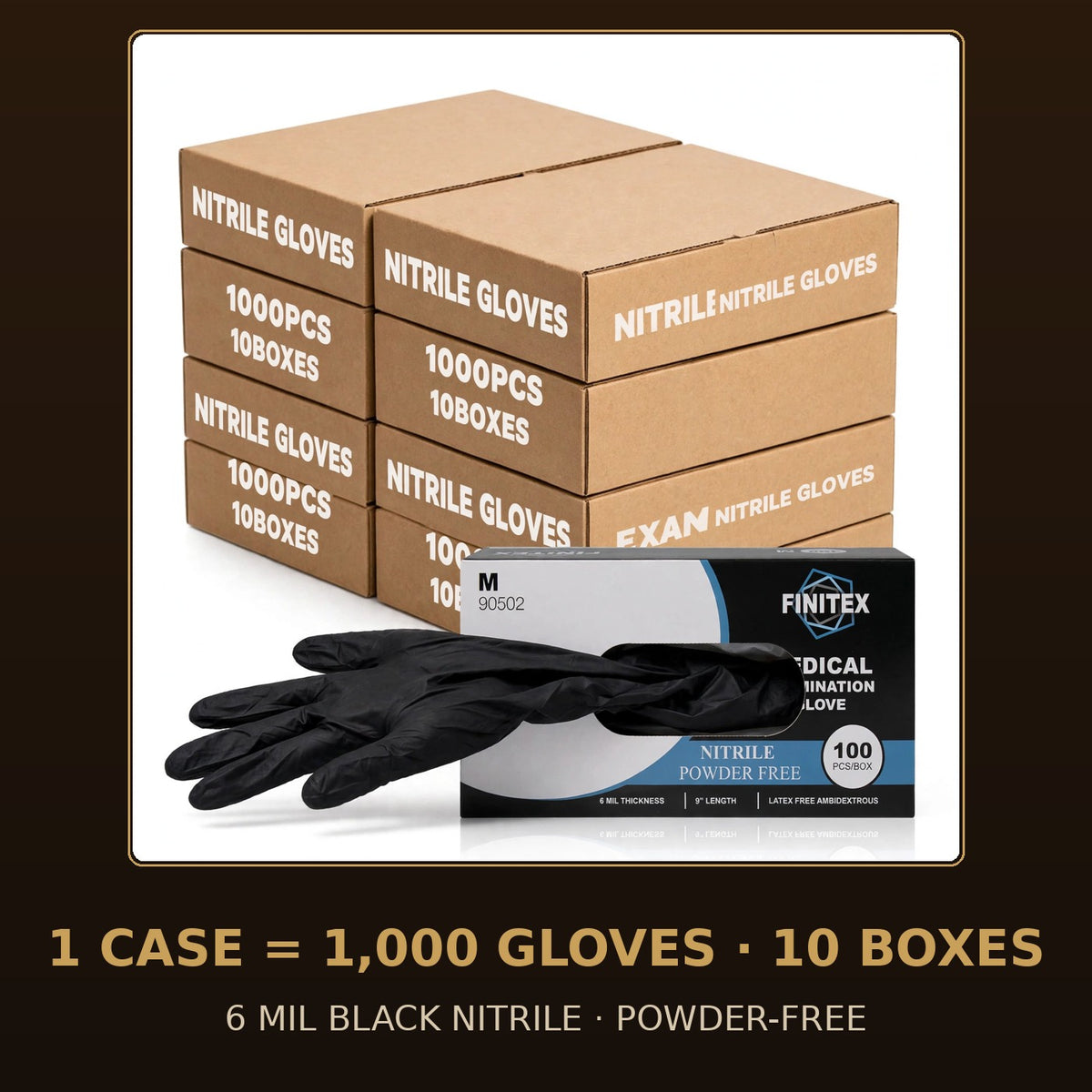 FINITEX 6 Mil black nitrile gloves, case of 1,000 — retail box with glove dispensing, cases stacked behind
