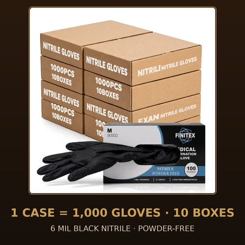 FINITEX 6 Mil black nitrile gloves, case of 1,000 — retail box with glove dispensing, cases stacked behind