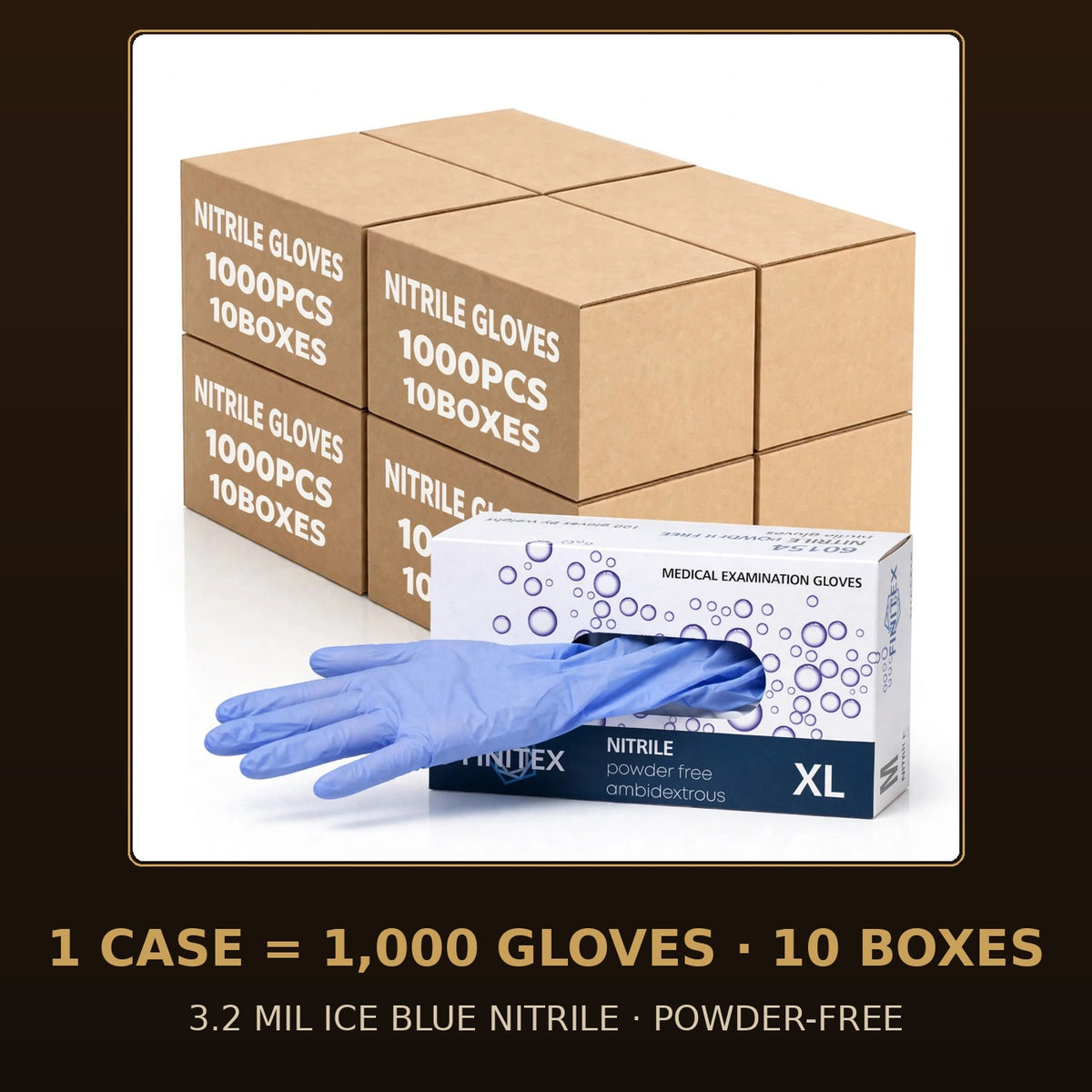 FINITEX 3.2 Mil ice blue nitrile gloves, case of 1,000 — retail box with glove dispensing, cases stacked behind
