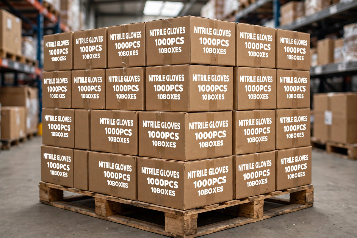 Pallet stacked with FINITEX nitrile glove cases in warehouse