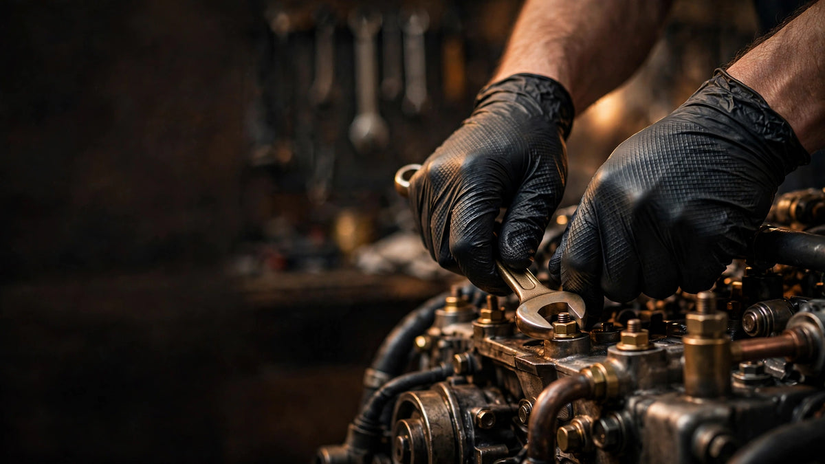FINITEX wholesale hero — dark workshop scene, black gloves on engine